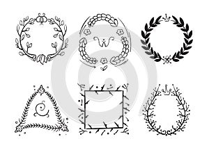 Doodle rustic branch frames, vector hand drawn nature swirl tree decorative border