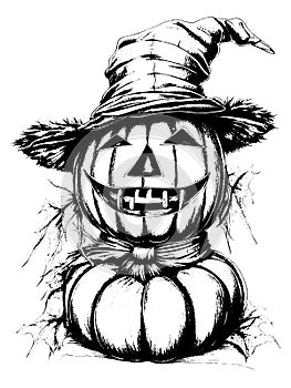 Doodle scarecrow scarecrow from pumpkin on white background, sketch vector