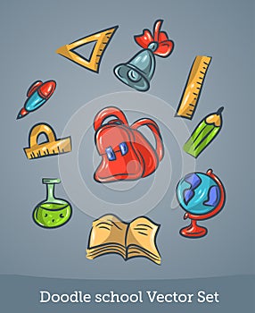 Doodle school set isolated on blue background. Vector