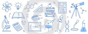 Doodle science, education school icon. Hand drawn sketch style doodle science background. School chemistry, physics