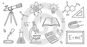 Doodle science, education school icon. Hand drawn sketch style doodle science background. School chemistry, physics