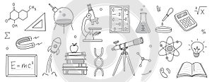 Doodle science, education school icon. Hand drawn sketch style doodle science background. School chemistry, physics