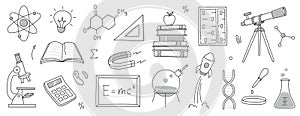 Doodle science, education school icon. Hand drawn sketch style doodle science background. School chemistry, physics