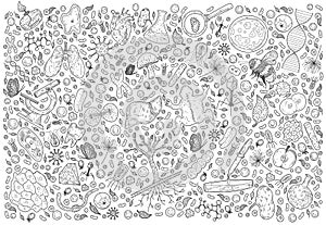 Doodle Science vector illustration . Biology and Biotechnology set. Hand on the theme of Zoology, Botany, Anatomy on