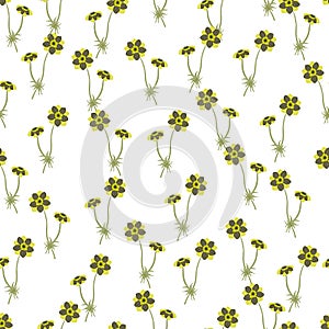 Doodle seamless floral pattern with green little anemone flower branches shapes. White background