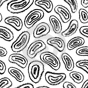 Doodle seamless pattern with abstract oval shapes, circles on water. Hand drawn vector monochrome illustration on white