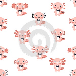 Doodle seamless pattern with axolotls. Perfect for T-shirt, textile and prints. Hand drawn vector illustration