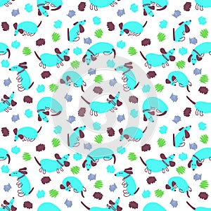 Doodle seamless pattern with dachshunds and abstract spots. Perfect for T-shirt, postcard, textile and print. Hand drawn