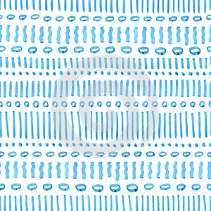 Doodle seamless pattern. Drawing with markers on paper. Blue and white striped textile print. Handmade
