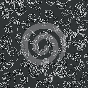 Doodle seamless pattern. Floral ornament. Wallpaper, textile, wrapping paper. Dark Gray background. Hand drawn Vector