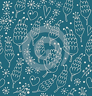 Doodle seamless pattern with flowers and hearts. Endless cute background for prints, textile, scrapbooking