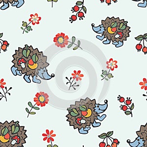 Doodle seamless pattern.Hedgehog,flowers,berries