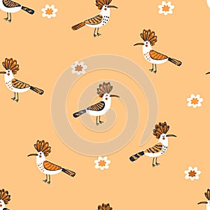 Doodle seamless pattern with hoopoe birds and flowers. Perfect for T-shirt, textile and print. Hand drawn vector illustration