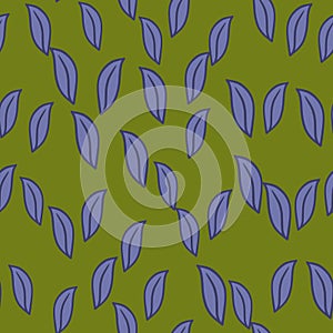 Doodle seamless pattern with little random purple leaf silhouettes print. Green olive background