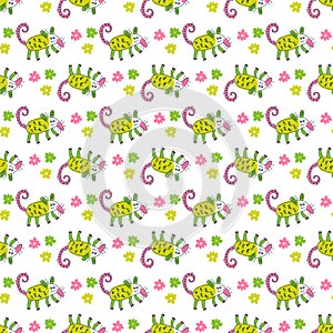 Doodle seamless pattern with opossums and daisy flowers. Perfect print for tee, textile and fabric. Floral illustration for decor