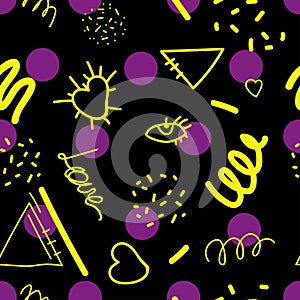 Doodle seamless pattern with polka dots. Vector graphic pattern with lettering love ,hearts