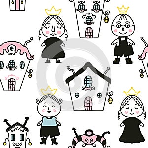 Doodle seamless pattern with princes, princesses and houses. Perfect print for tee, paper, fabric, textile. Hand drawn vector