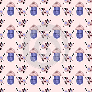 Doodle seamless pattern with puppies and houses. Perfect for T-shirt, postcard, textile and print. Hand drawn graphic illustration