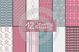 Doodle seamless pattern set with hearts