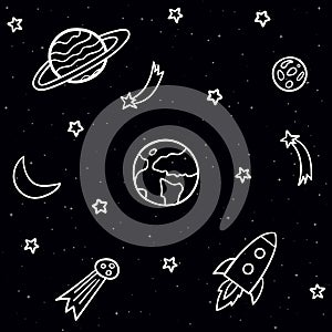 Doodle seamless pattern with space elements. Stars, planets, comet, moon, rocket, shooting stars on the dark night background.