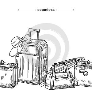 Doodle Seamless Pattern with Suitcase, Travel Bag, Beach Umbrella, Luggage and Summer Hat Lying on Baggage, Hand Drawn