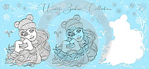 Doodle set with aries zodiac symbol. Girl wearing mittens showing heart sign against snowy background