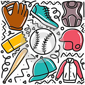 doodle set of baseball sports hand drawing