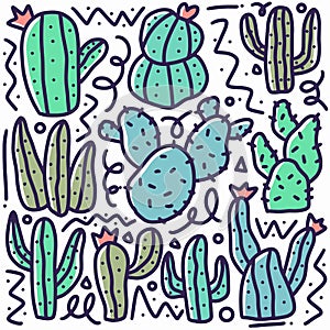 doodle set of cactus collection hand drawing