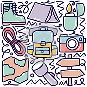 doodle set of camp tools hand drawing