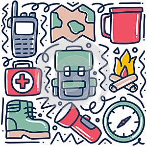 doodle set of camp tools hand drawing