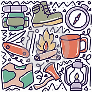 doodle set of camp tools hand drawing