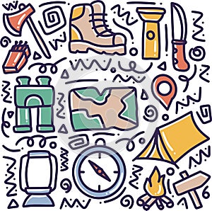 doodle set of camp tools hand drawing