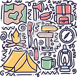 doodle set of camp tools hand drawing