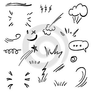 Doodle set cartoon expressions effects. Hand drawn emoticon effects design elements