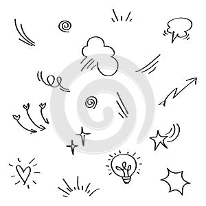 Doodle set cartoon expressions effects. Hand drawn emoticon effects design elements