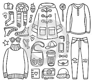 Doodle set of clothes and elements for cold season