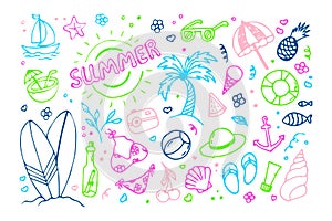 Doodle set of colored summer icons. Hand drawn doodle style. Sun, palm tree, fruit, summer clothes, hat, ice cream,.