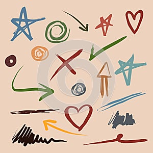 Doodle set of colorful hand drawn star, heart, arrows, scribble, underline. Infographic elements isolated on background