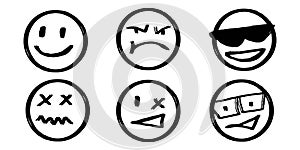 Doodle set emoticons. emoji character with various Emotions, smile, anggry sad, funny face