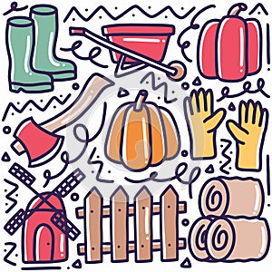 doodle set of farming and gardening tools hand drawing