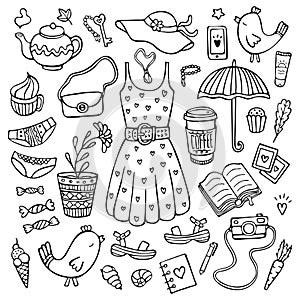 Doodle set of female clothes and cute objects