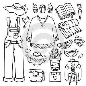 Doodle set of female clothes and other objects