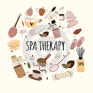 Doodle set of  hand drawn spa elements  with typography for aroma therapy , body care, beauty salon, wellness center.