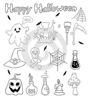 Doodle set Happy Halloween. Jack pumpkin, ghost, skull and crossbones, grave and cobweb, fly agaric, witch hat and