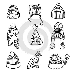 Doodle set of hats isolated on white background