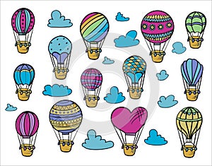 Doodle set of hot air balloons with clouds. Colorful hand draw illustration flying vehicles. Romantic balloons. Sky with