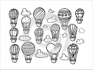 Doodle set of hot air balloons with clouds. hand draw illustration flying vehicles. Romantic balloons. Sky with tourist