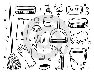 Doodle set of items for cleaning