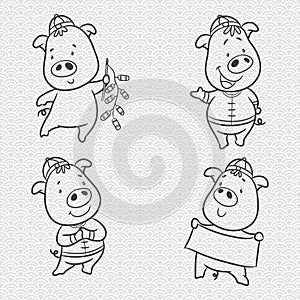 Doodle set pig cartoon , chinese new year, year of the pig, chinese character font is mean happy chinese new year