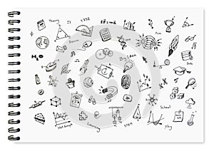 Doodle set of school related items, school equipment and learning tools on white notebook.